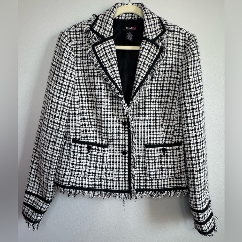 Studio G Women’s Black White Tweed Fringe Trim Blazer Jacket Size 12
